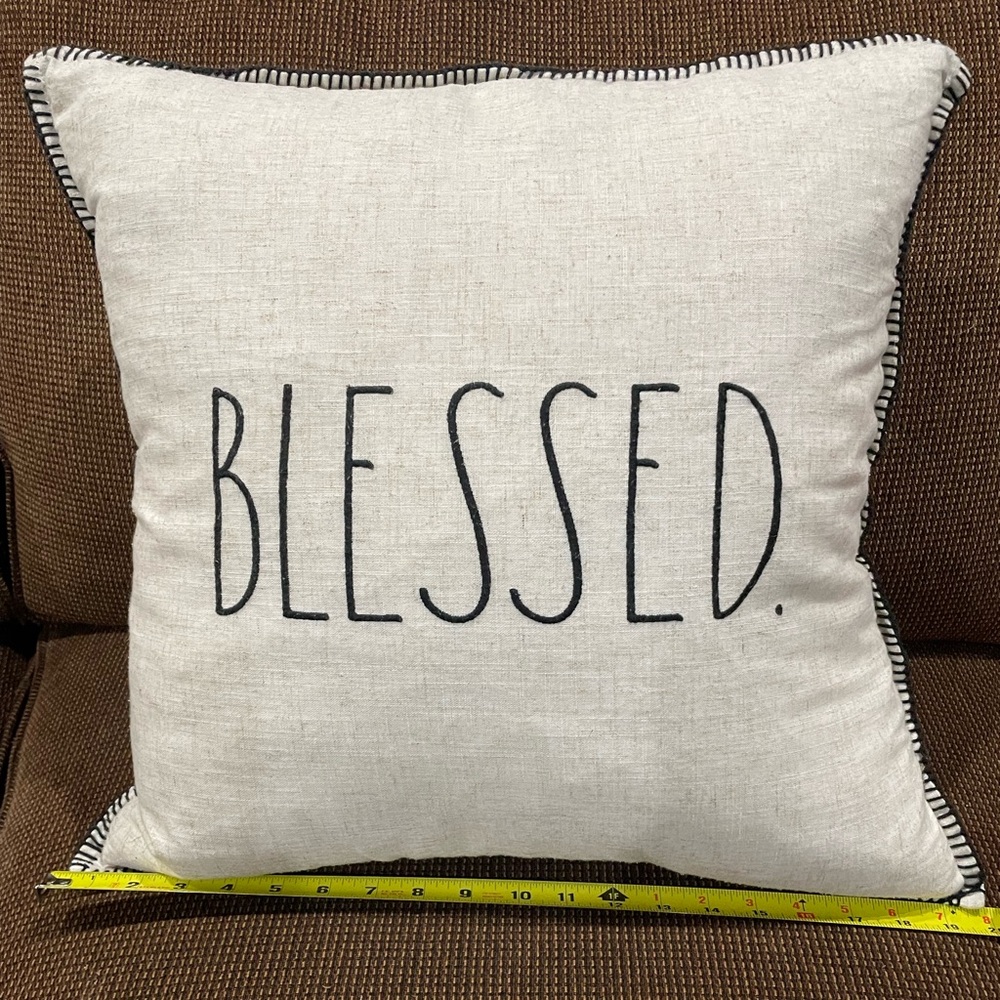 Rae Dunn feather pillow, about 18 x 18.